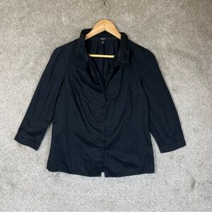 Talbots Shirt Womens 2 Black Cotton 3/4 Sleeve Button Ruffle Collar- 3953